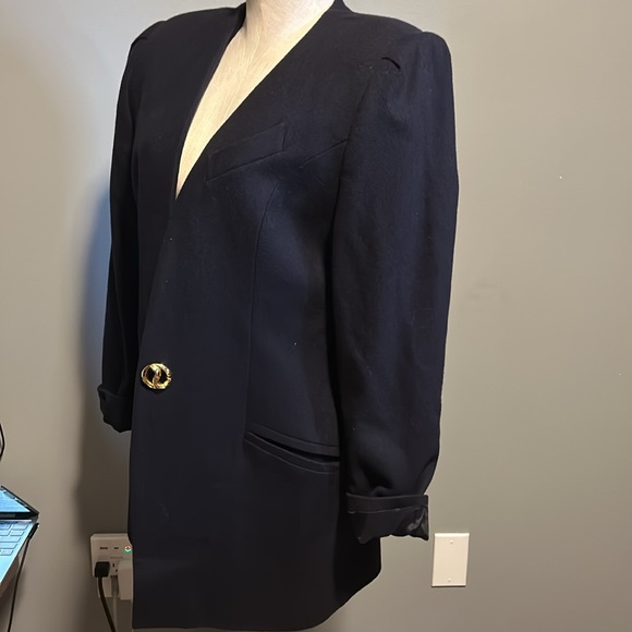 Oleg Cassini Vintage Navy collarless wool blazer single button size M/ L - Picture 4 of 16